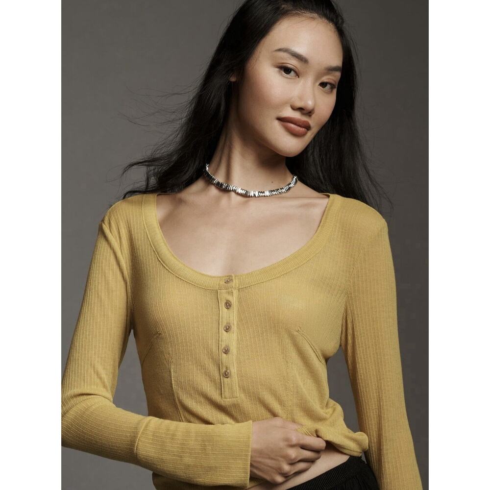 Pilcro Anthropologie Top Womens Yellow Size Small Andie Ribbed Tissue Henley NWT